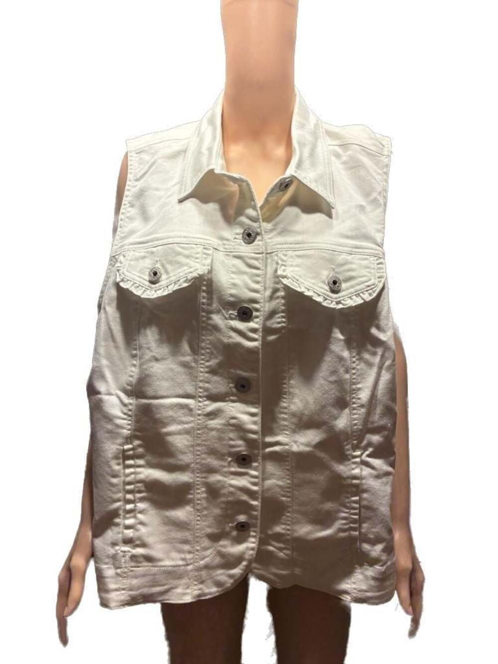 Dressbarn White Sleeveless Denim Vest with Ruffle Detail